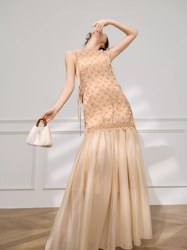 Simple Apricot A Line Round Neck Floral Tulle Prom Dress Outfits SH4731