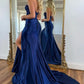 Navy Blue Sweetheart Mermaid Long Satin Prom Dress With Split SH7617