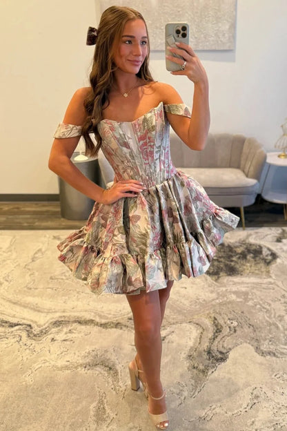 Green Modern A Line Off the Shoulder Printed Satin Short Homecoming Dress SH7530