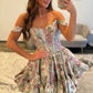 Green Modern A Line Off the Shoulder Printed Satin Short Homecoming Dress SH7530
