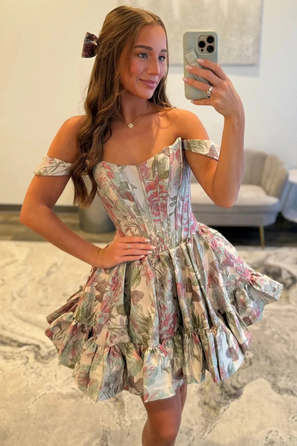 Green Modern A Line Off the Shoulder Printed Satin Short Homecoming Dress SH7530