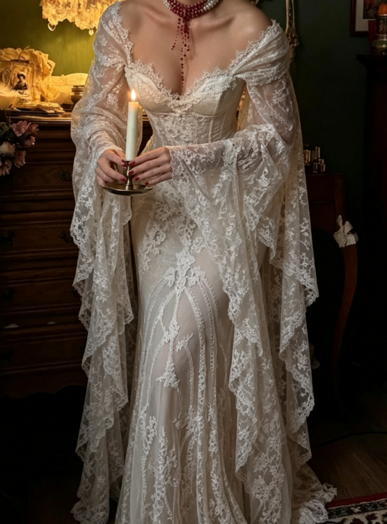 Vintage Charming Mermaid Long Sleeve White Lace Long Wedding Dress SH7092