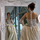 Retro Dazzling Exquisite Rhinestone A Line Strapless Apricot Satin Long Train Wedding Dress SH6092