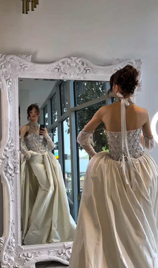 Retro Dazzling Exquisite Rhinestone A Line Strapless Apricot Satin Long Train Wedding Dress SH6092