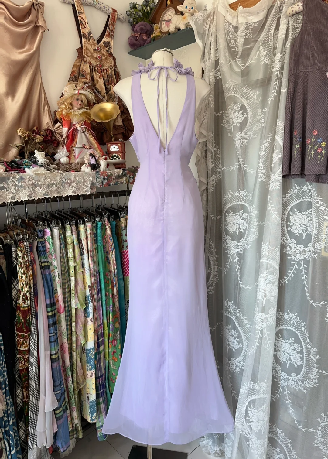 Lilac Vintage Mermaid V Neck Ruffle Chiffon Graduation Prom Dress SH5373
