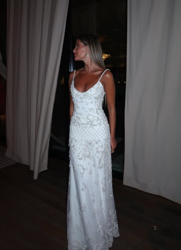 Exquisite A Line Spaghetti Strap Pearl Beaded White Tulle Prom Dress Wedding Guest Dress SH4721