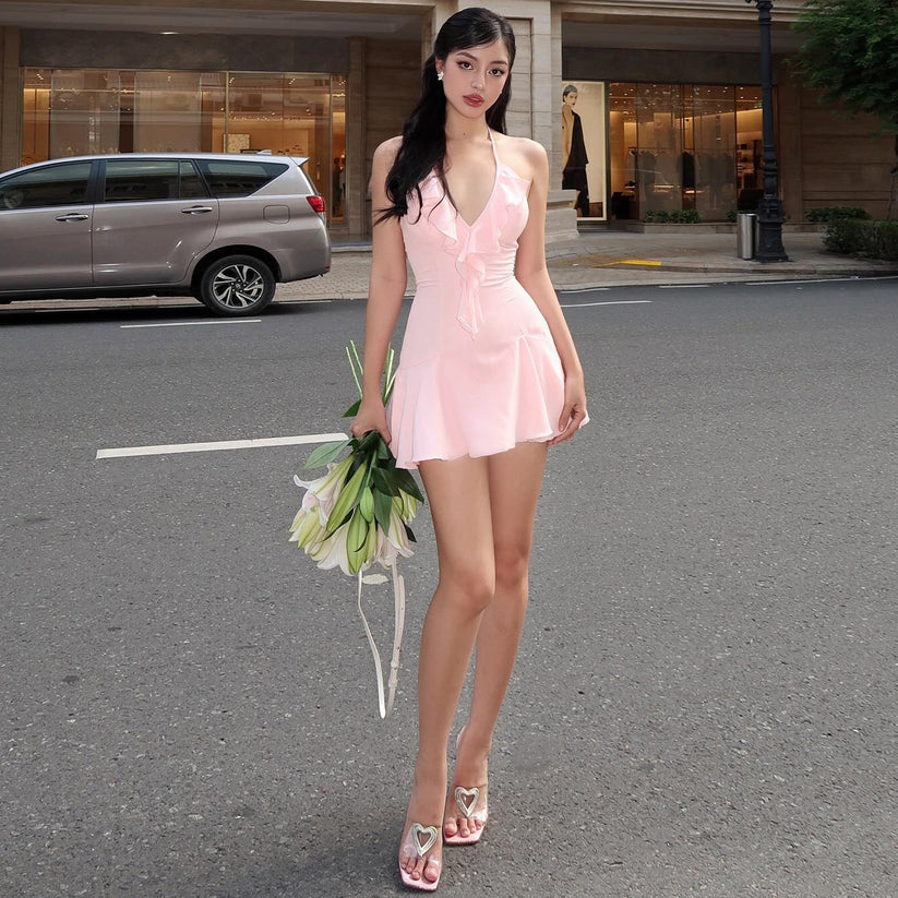 Pink A Line V Neck Ruffles Chiffon Short Homecoming Dress Outfits SH1909