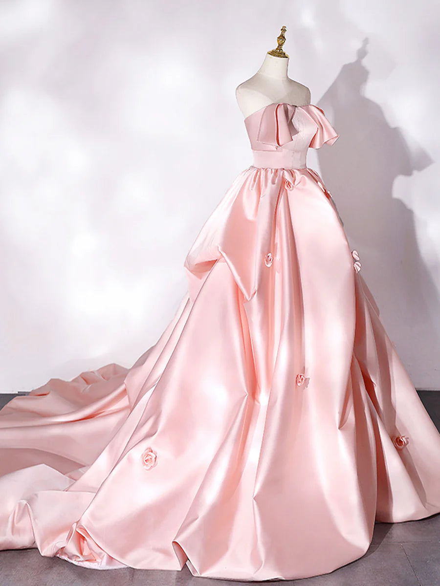 Elegant Pink A Line Strapless Appliques Satin Evening Dress Prom Dress SH1609