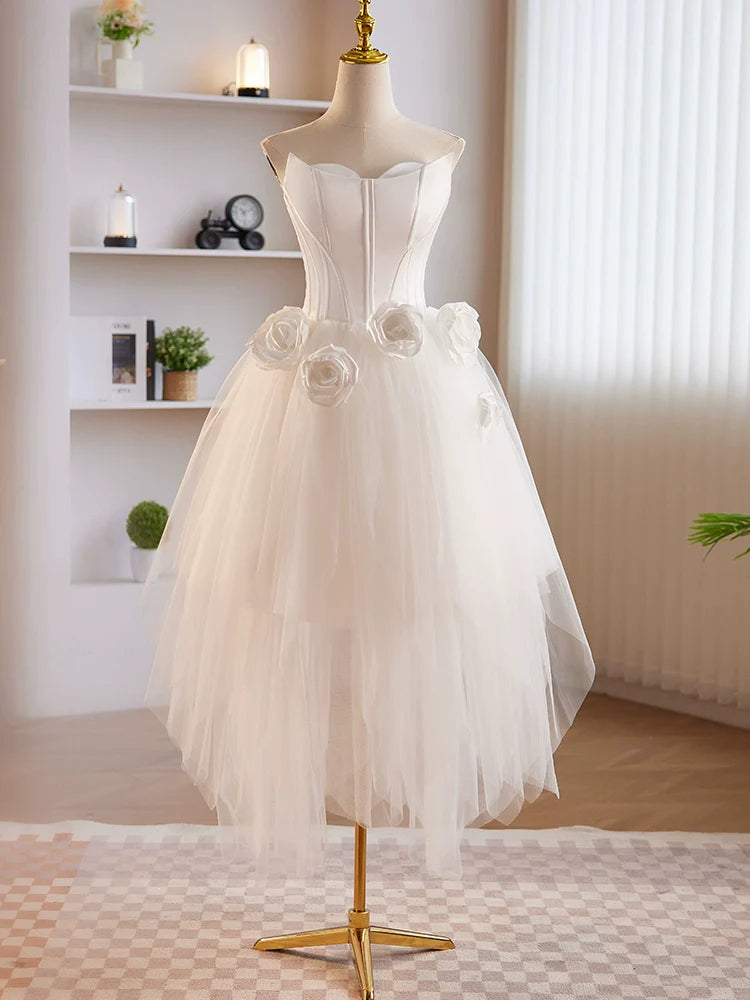 Strapless 3D Flower White Tulle Satin Short Prom Dress Homecoming Dress SH1691