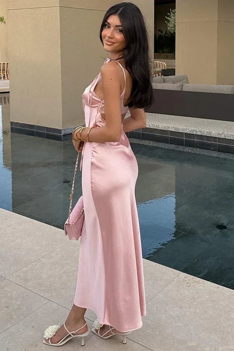 Chic Sheath Spaghetti Straps Pink Long Party Dress with Keyhole SH8313