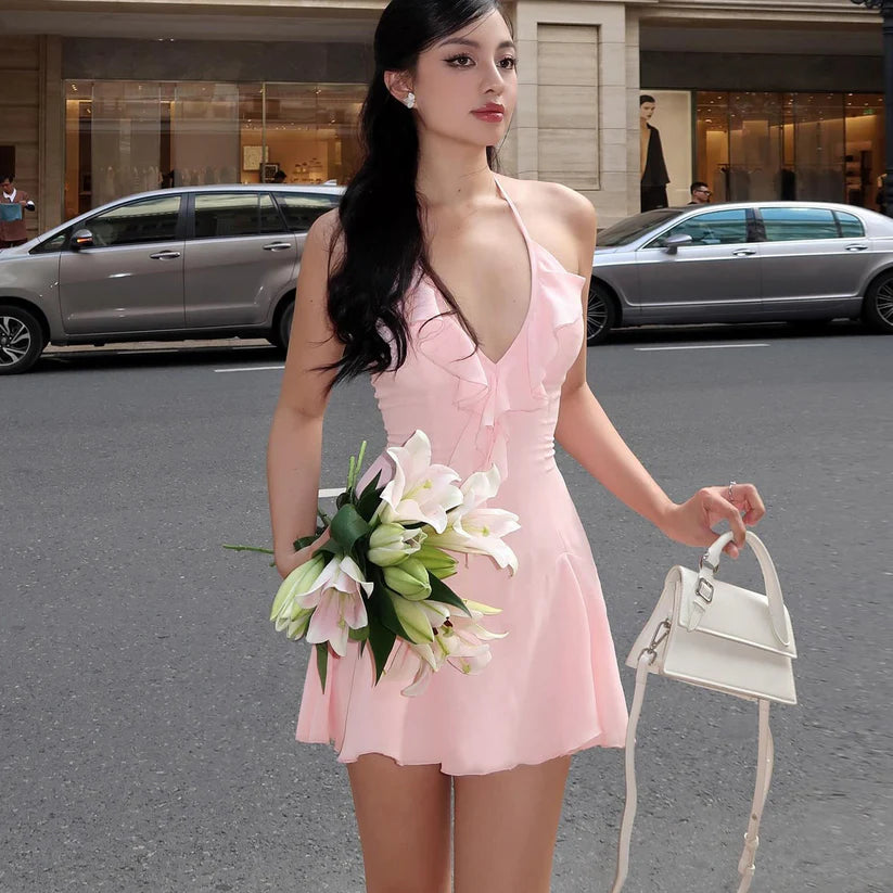 Pink A Line V Neck Ruffles Chiffon Short Homecoming Dress Outfits SH1909