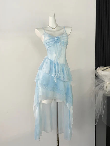 Ethereal Blue High-Low Ruffle Layered Short Prom Dress Outfits SH1756