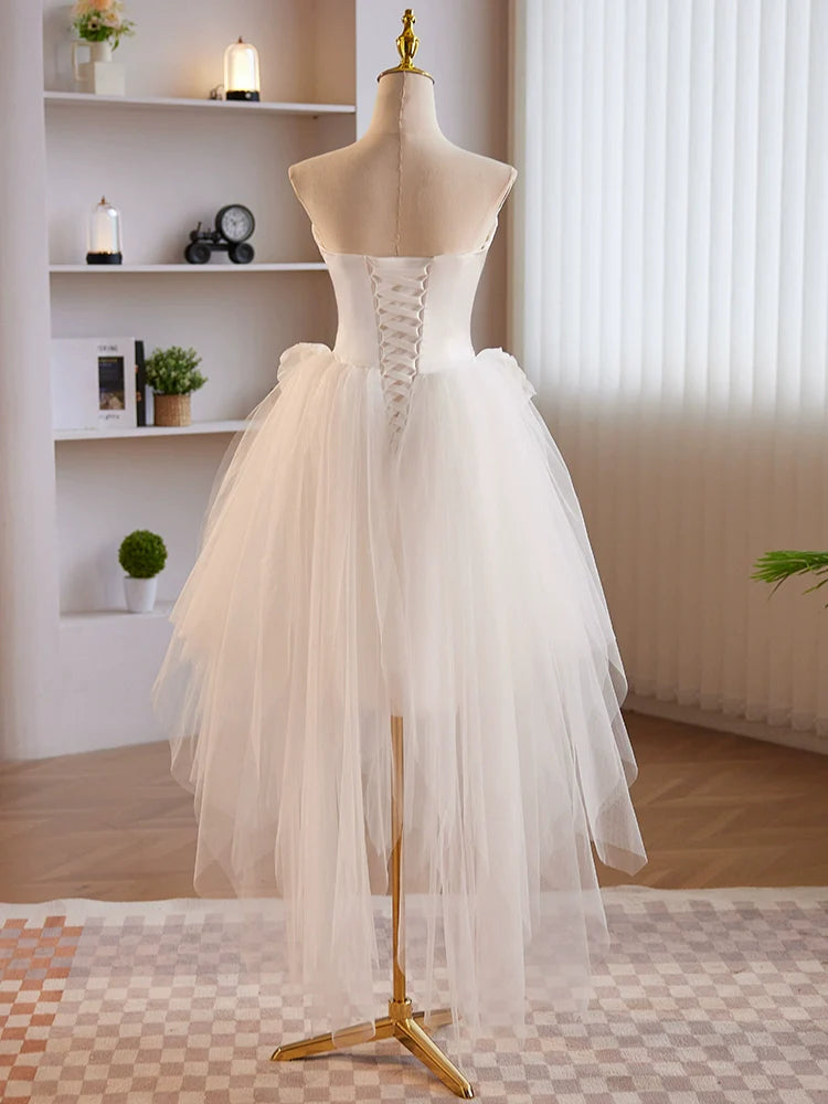 Strapless 3D Flower White Tulle Satin Short Prom Dress Homecoming Dress SH1691