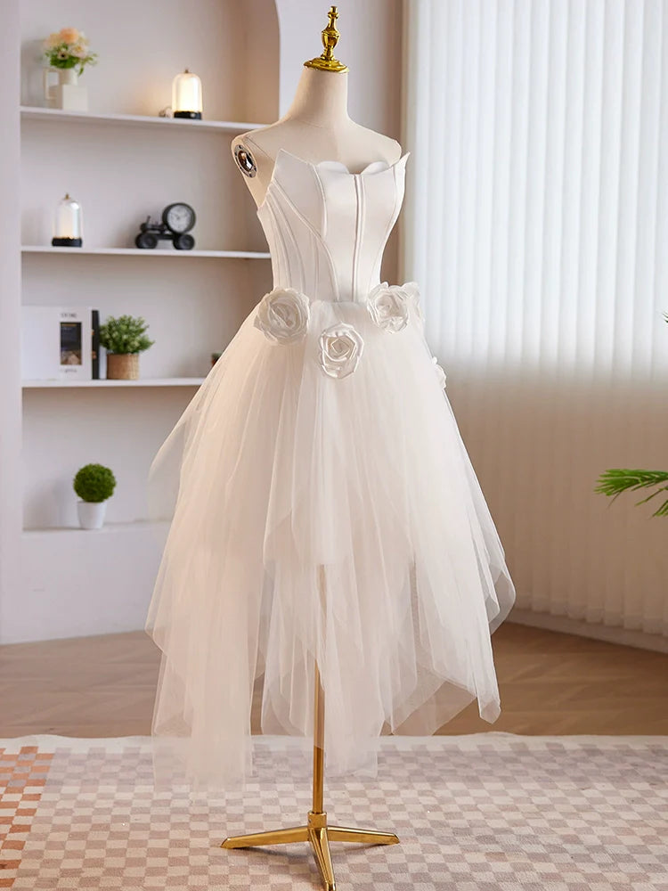 Strapless 3D Flower White Tulle Satin Short Prom Dress Homecoming Dress SH1691