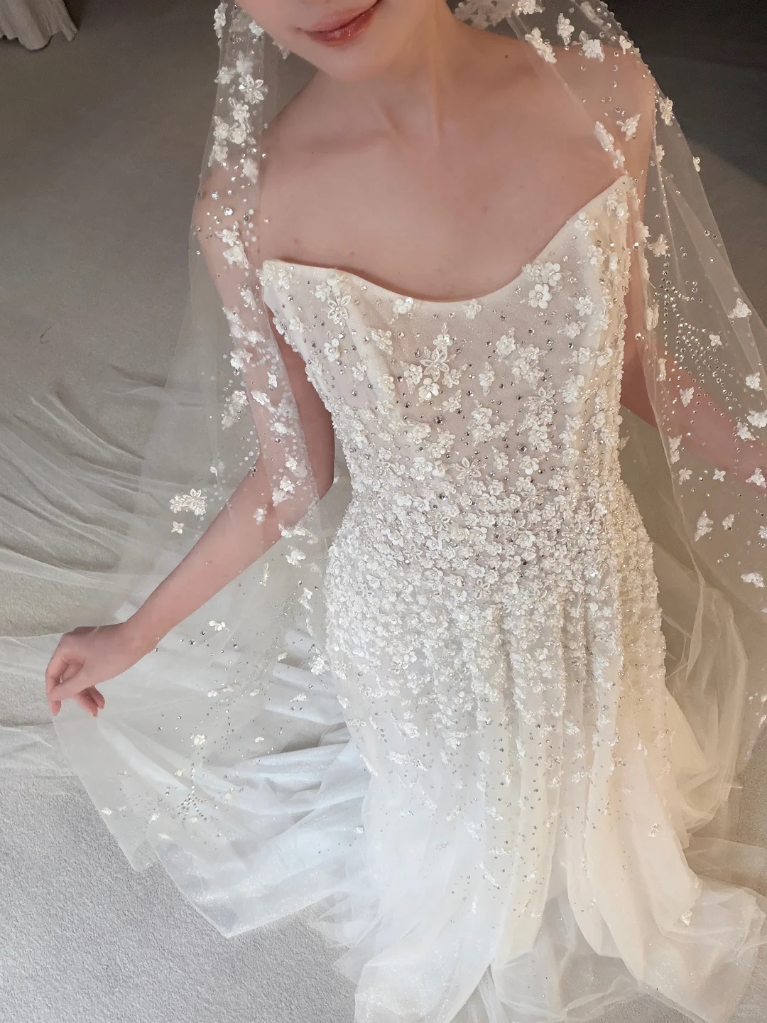 Luxurious A Line Strapless Beaded Floral White Tulle Long Train Wedding Dress SH7726