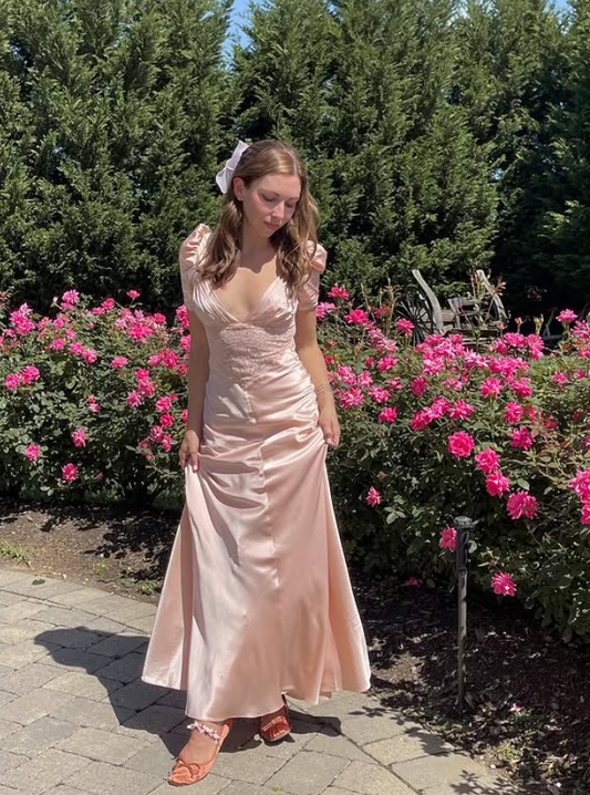 Gentle Light Pink A Line Puff Lace Satin Prom Dress Outfits SH4866