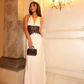 Open Back Elegant Ivory Sheath Halter Lace Satin Long Prom Dress Outfits SH4978