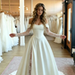 Elegant A Line Long Sleeve White Lace Satin Slit Long Wedding Dress SH7074
