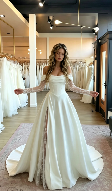 Elegant A Line Long Sleeve White Lace Satin Slit Long Wedding Dress SH7074