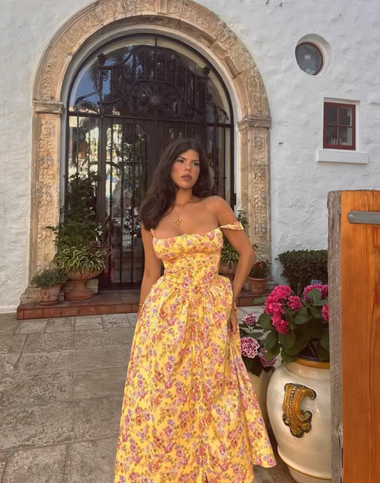 Cute A Line Spaghetti Strap Print Floral Yellow Satin  Prom Dress Vacation Dress SH4570