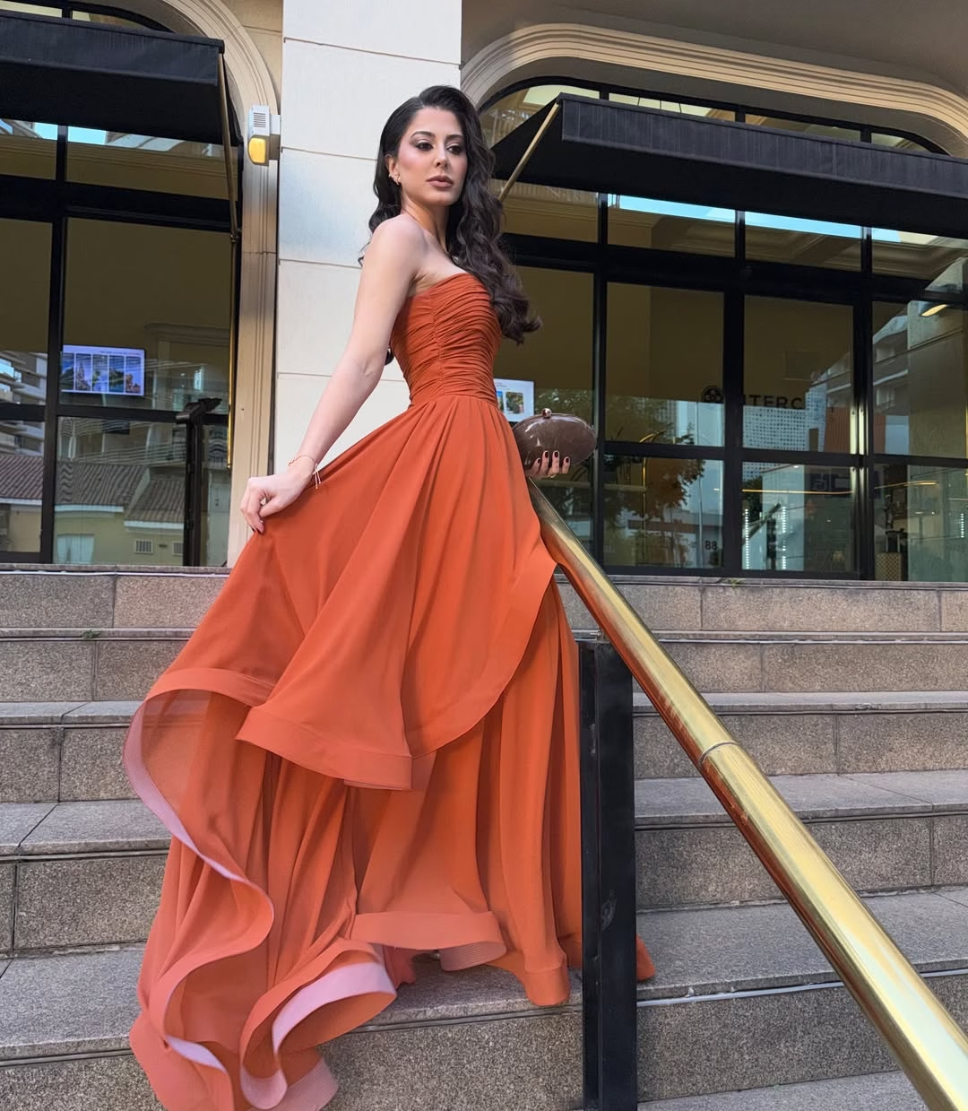 Simple Orange A Line Strapless Layered Chiffon Prom Dress Evening Dress SH8563