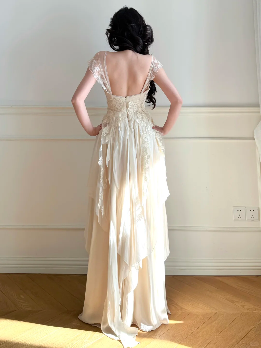 Vintage Sweety A Line Straps Apricot Lace Chiffon Wedding Guest Dress Prom Dress SH5441