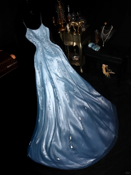 Blue GLamorous Ball Gown Straps Floral Beaded Organza Prom Dress SH5484