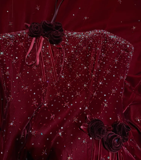 Burgundy A Line Strapless Beaded Velvet Long Prom Dresses 16th Birthday Dresses SH4635