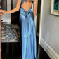 Blue Sheath Halter Bow Satin Open Back Prom Dress Graduation Prom Dress SH2586