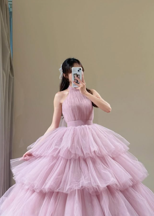 Pink Ball Gown Halter Layered Tulle Long Prom Dress Evening Dress SH5104