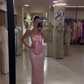 Pink Sheath Spaghetti Strap Exquisite Rhinestone Long Satin Ball Gown Evening Dress Prom Dress SH4824
