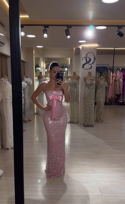 Pink Sheath Spaghetti Strap Exquisite Rhinestone Long Satin Ball Gown Evening Dress Prom Dress SH4824