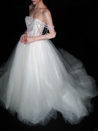 Luxurious White Pearl A Line Straps Tulle Long Wedding Dress SH8885