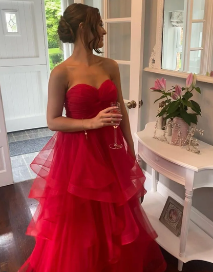 Charming Red A Line Sweetheart Neck Layered Organza Prom Dress Evening Dress SH6707