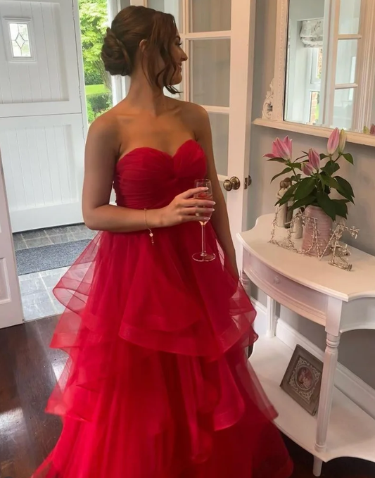Charming Red A Line Sweetheart Neck Layered Organza Prom Dress Evening Dress SH6707