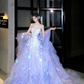 Purple Ball Gown Strapless Beaded Ruffle Tulle Long Sweep Prom Dress 16th Birthday Dress SH4650
