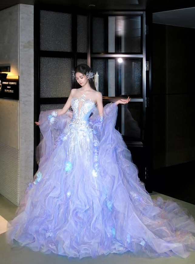 Purple Ball Gown Strapless Beaded Ruffle Tulle Long Sweep Prom Dress 16th Birthday Dress SH4650