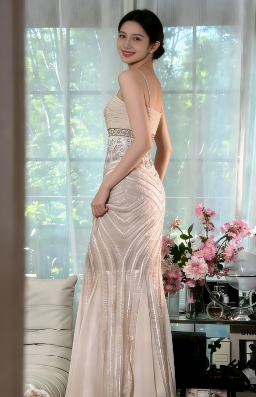 Light Apricot Mermaid Spaghetti Strap Beaded Chiffon Prom Dress Wedding Guest Dress SH4327