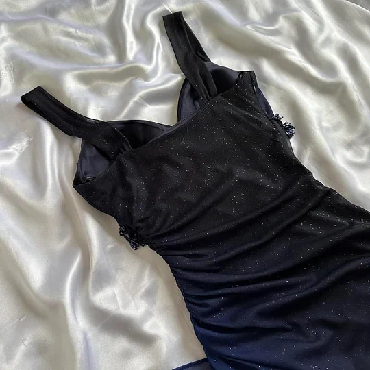 Charming A Line Spaghetti Strap Beaded Navy Blue Ombre Chiffon Party Dress Evening Dress SH2794