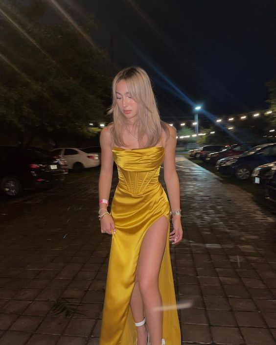 Yellow Satin Spaghetti Straps  Slit Prom Dress Evening Dress SH1121
