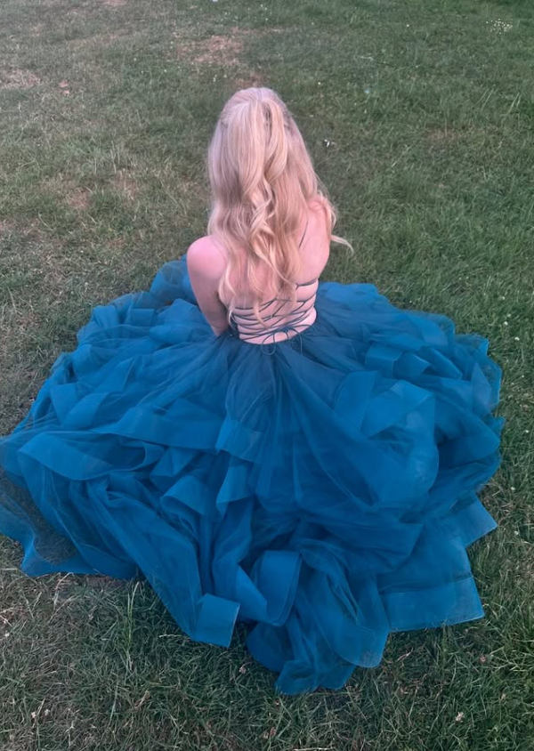 Dark Blue Backless A Line Spaghetti Strap Lace Ruffle Tulle Prom Dress Birthday Dress SH9009