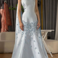 Blue Sky A Line Strapless Appliques Satin Long Prom Dress Evening Dress SH1894