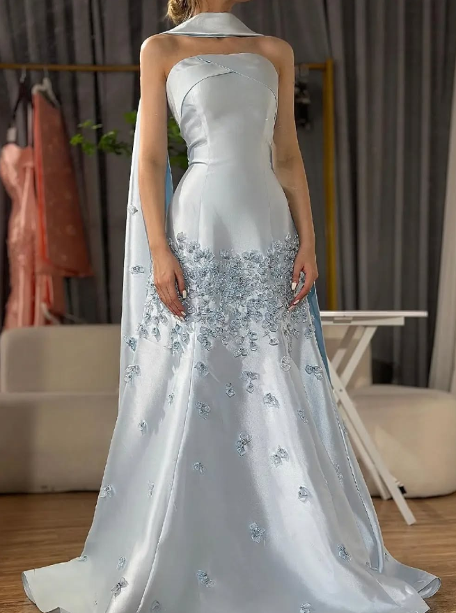 Blue Sky A Line Strapless Appliques Satin Long Prom Dress Evening Dress SH1894