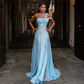 Blue A Line One Shoulder Sequin Beaded Chiffon Prom Dress Evening Dress SH8538