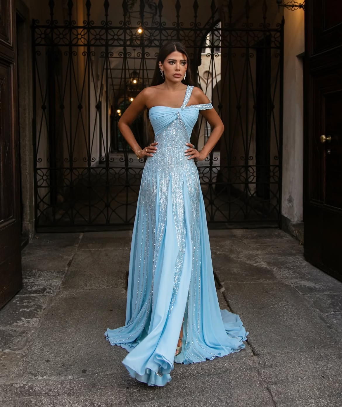 Blue A Line One Shoulder Sequin Beaded Chiffon Prom Dress Evening Dress SH8538