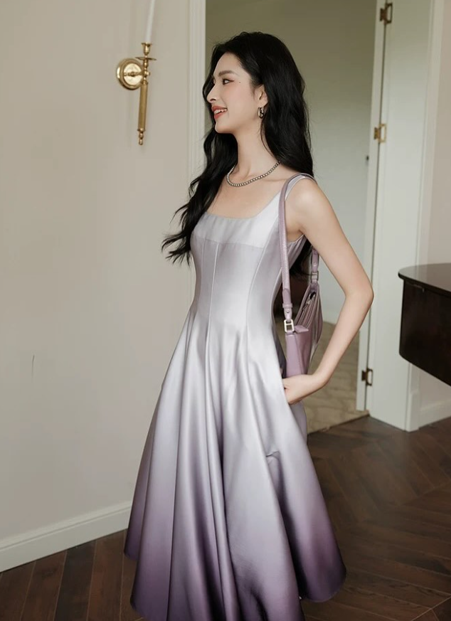 Elegant Purple Ombre A Line Straps Satin Prom Dress Outfits SH5312