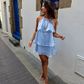 Cute A Line Halter Tiered Blue Satin Short Open Back Homecoming Dress Outfits SH2123