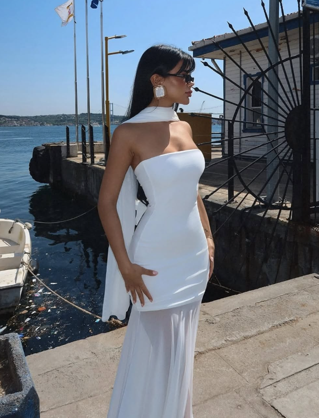 Simple White Mermaid Strapless Chiffon Satin Date Dress Prom Dress SH3885