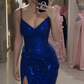 Shiny Sheath V Neck Blue Sequin Long Evening Dress Prom Dress with Slit SH4826