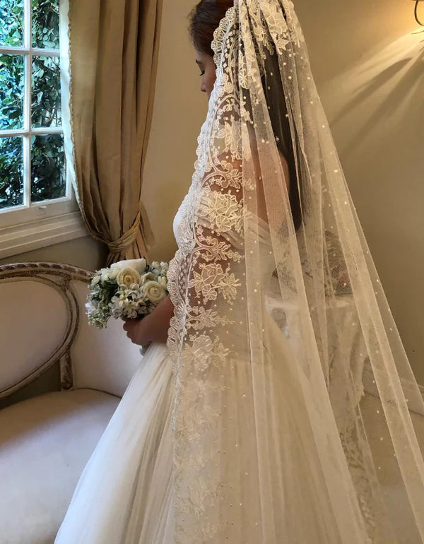 White Elegant A Line V Neck Pleated Tulle Long Wedding Dress SH5310